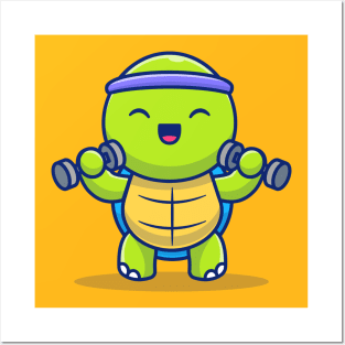 Cute Turtle Lifting Dumbbells Cartoon Illustration Posters and Art